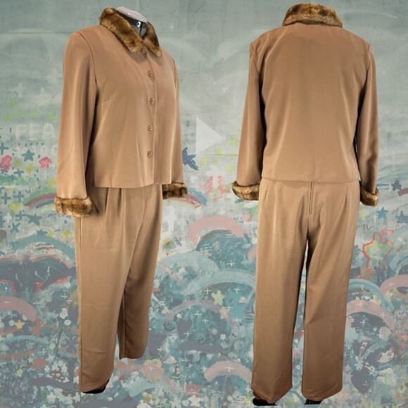 Vintage 80s 90s Positive Attitude Tan Fur Shacket Top Pants 3-Piece Set Size 14P - Picture 2 of 5